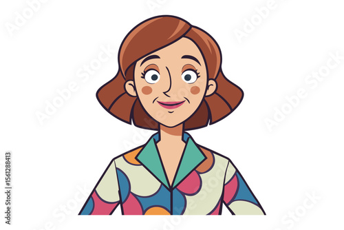 Friendly cartoon woman with brown hair and a colorful geometric patterned shirt smiling warmly