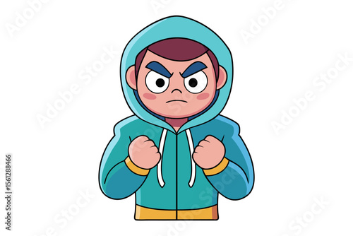 Furious Young Man: An expressive, cartoonish portrayal of a young man, clad in a hooded sweatshirt, radiating palpable anger with clenched fists, capturing raw emotion in vivid style.