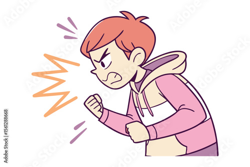 Irritated Expression: A person in a stylized illustration showing intense anger, with a clenched fist and a furrowed brow, visually portraying the potent emotion of frustration and rage.
