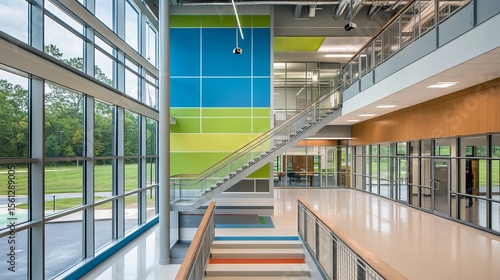 Modern school interior with vibrant colors and large windows