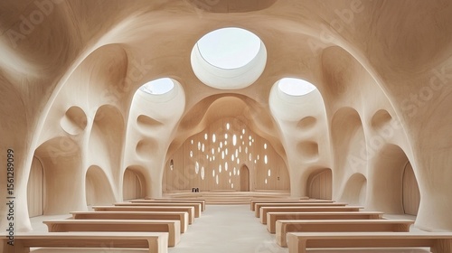 A serene, organic church interior, featuring flowing, sculpted forms and natural light