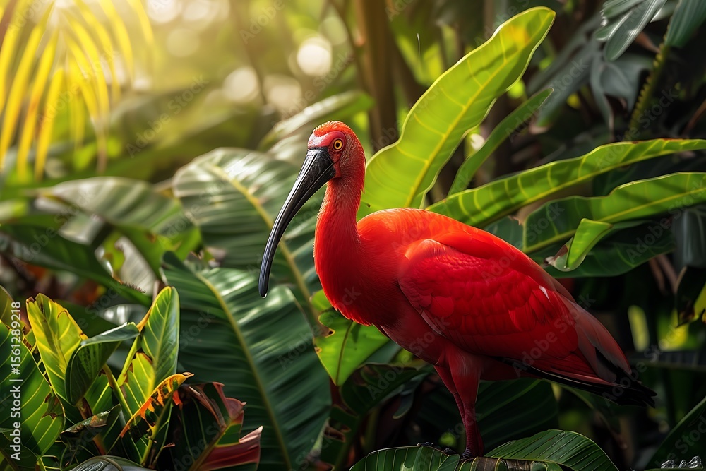 Naklejka premium A scarlet ibis standing amongst lush green foliage in a tropical setting with bright sunlight shining