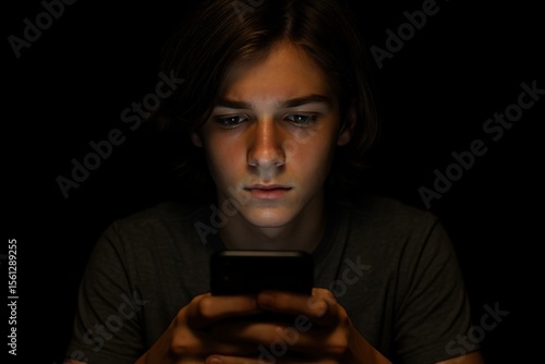 Teen boy staring at phone in dark room