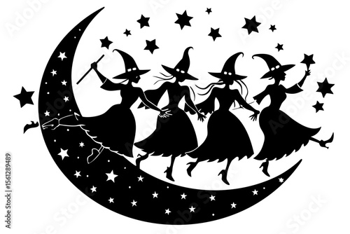 Floating Witches Around a Crescent Moon vector illustration
