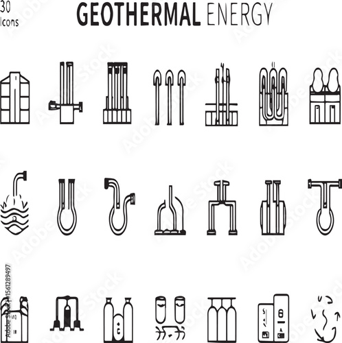 Geothermal energy icons showcasing various systems and solutions in a clean design layout