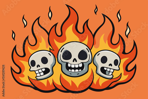 Grinning Skulls in Abstract Flames vector illustration