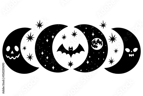 Moon Phases with Halloween Icons vector illustration