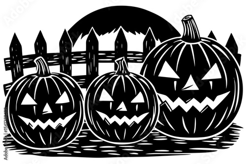 Glowing Pumpkins by a Weathered Wooden Fence vector illustration