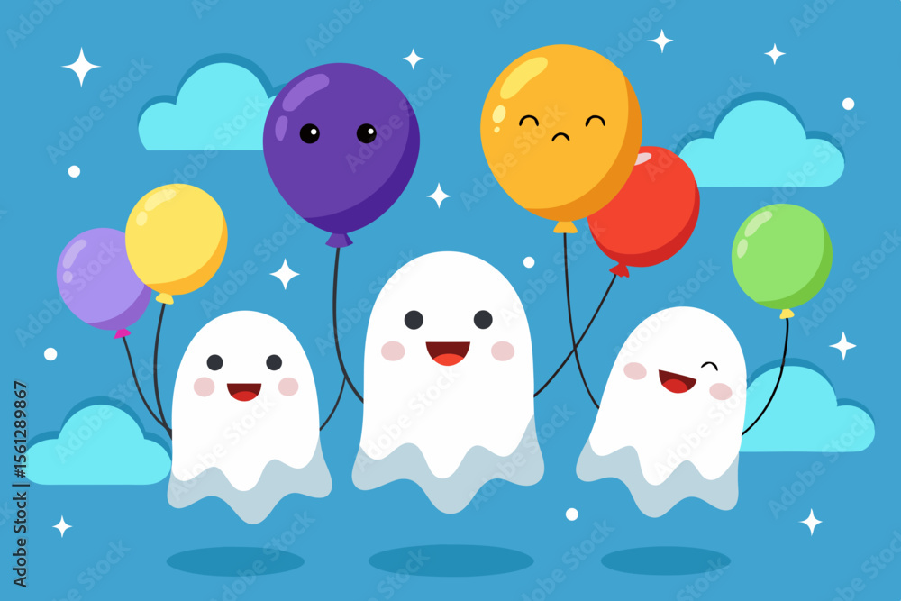 Naklejka premium Smiling Ghosts Floating with Balloons vector illustration