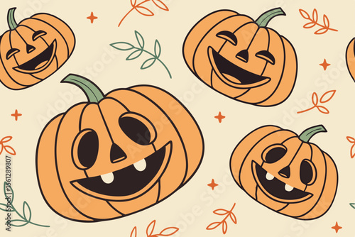 Seamless Pattern with Funny Pumpkin Faces vector illustration