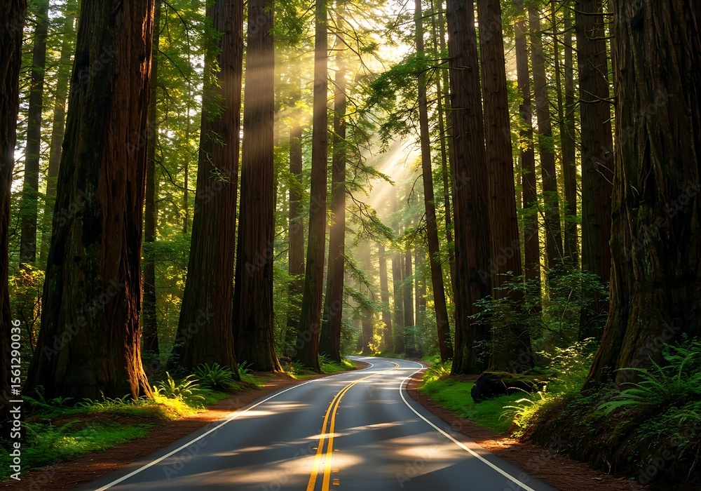Obraz premium Scenic Road Winding Through Redwood National Forest — Majestic Trees and Nature Landscape