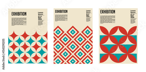 Art exhibition posters with abstract painting design. Vector vertical banners, invitation flyers to museum or gallery with trendy creative background with colorful patern blobs and drawn shapes.