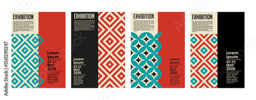 Art exhibition posters with abstract painting design. Vector vertical banners, invitation flyers to museum or gallery with trendy creative background with colorful patern blobs and drawn shapes.