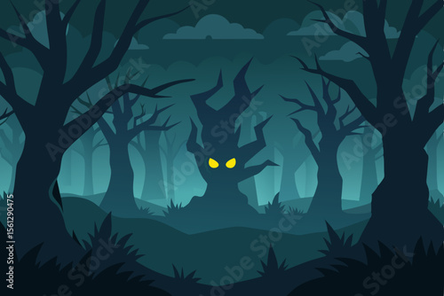Glowing eyes in a foggy haunted forest vector illustration