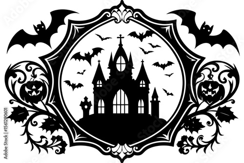 Halloween icons in an ornate gothic frame vector illustration
