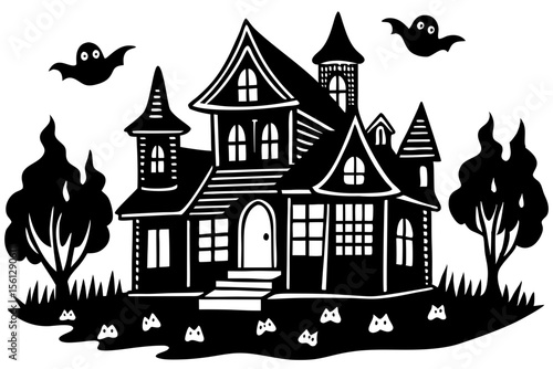 Pastel haunted house with happy ghosts vector illustration
