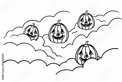 Pumpkin lanterns floating in magical fog vector illustration