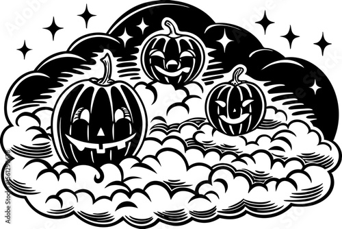 Floating pumpkin lanterns in a magical mist vector illustration