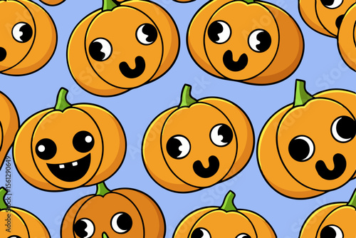 Funny pumpkin faces in a seamless pattern vector illustration