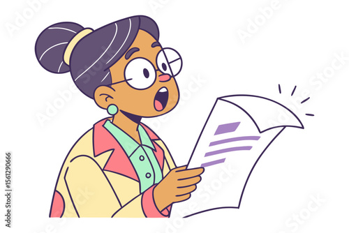 Surprised woman wearing glasses and business attire reacts with astonishment to information on a document