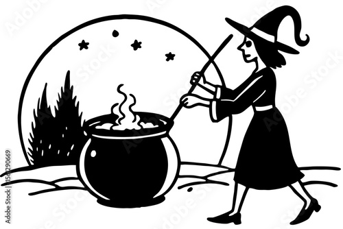 Witch silhouette stirring a cauldron at sundown vector illustration