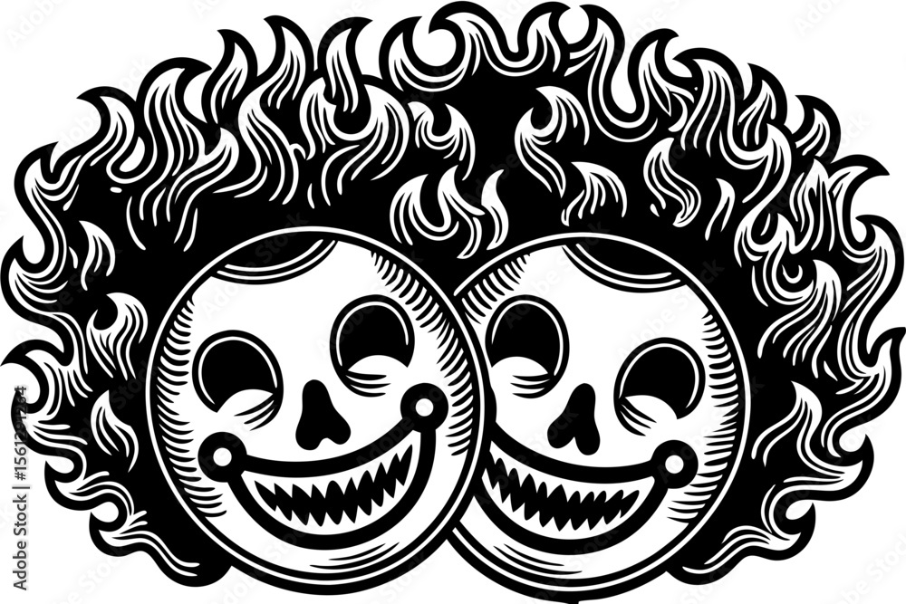 Fototapeta premium Grinning skulls rising from abstract flames vector illustration