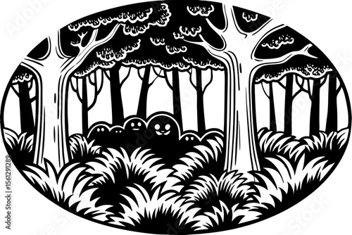Misty Halloween forest with glowing red eyes vector illustration