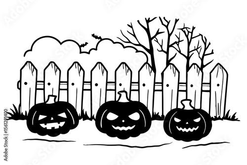 Smiling pumpkins lit up before old fence vector illustration