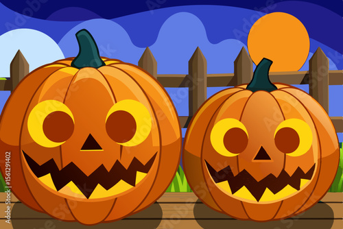 Haunted fence scene with glowing pumpkin faces vector illustration