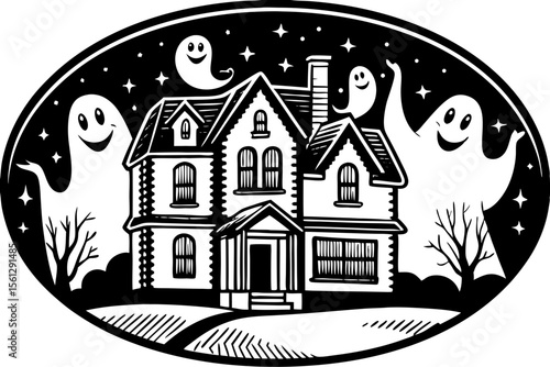 Haunted house in pastel tones with ghostly friends vector illustration