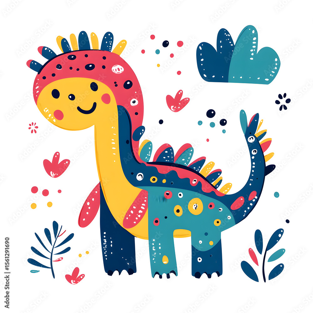 Naklejka premium Colorful Cartoon Dinosaur with Floral Elements illustration