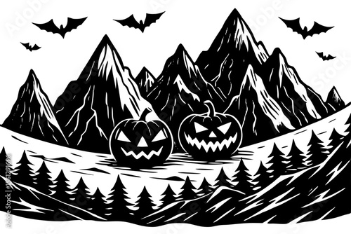 Jack o' lanterns in eerie mountain background vector illustration