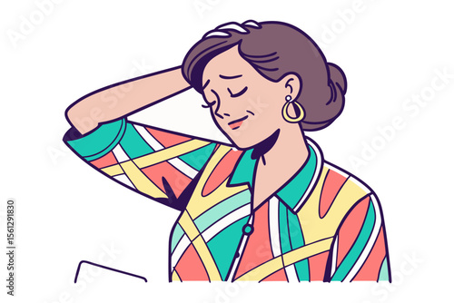 A woman with a colorful patterned shirt touches her forehead with her hand eyes closed in thoughtful reflection