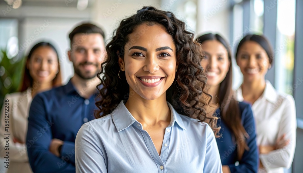 Obraz premium Smiling Indian Businesswoman Leading Diverse Multi-Ethnic Team in Modern Office - Empowered Group Portrait.
