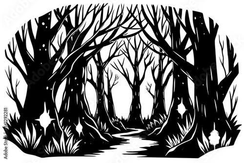 Mystical woods with luminous spell runes vector illustration