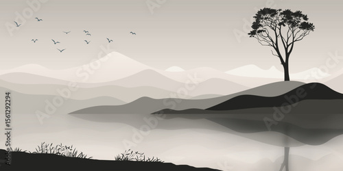 Mountain lake at dawn, minimalistic landscape, lonely tree, vector illustration