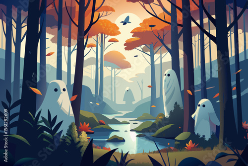 A group of ghosts in a spooky misty woods vector illustration