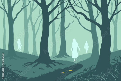 Misty woodland inhabited by floating ghosts vector illustration