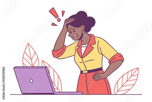 Frustrated woman holds head in despair while staring at laptop screen with exclamation marks above