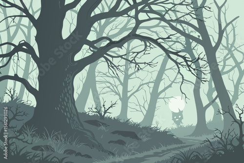 Dense haunted forest with fog and mysterious glowing eyes vector illustration