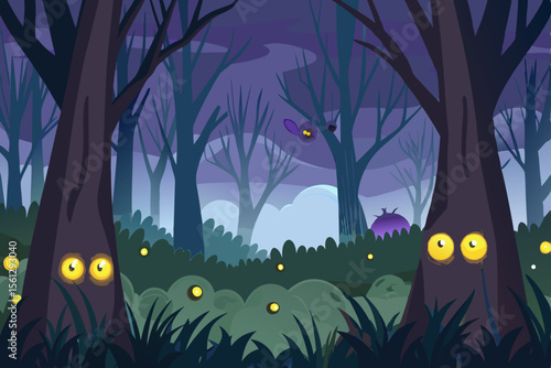 Misty haunted woods with ominous glowing eyes in bushes vector illustration