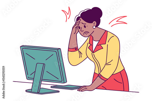 Frustrated woman holding her head in despair while staring at a computer screen with red stress lines