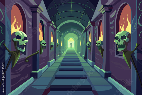 Haunted corridor with skeletons peeking from doorways vector illustration