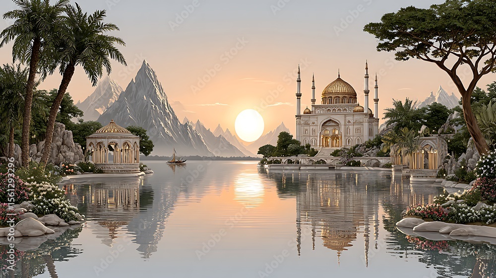 Obraz premium Scenic sunrise over mosque with stunning mirrored water high resolution image