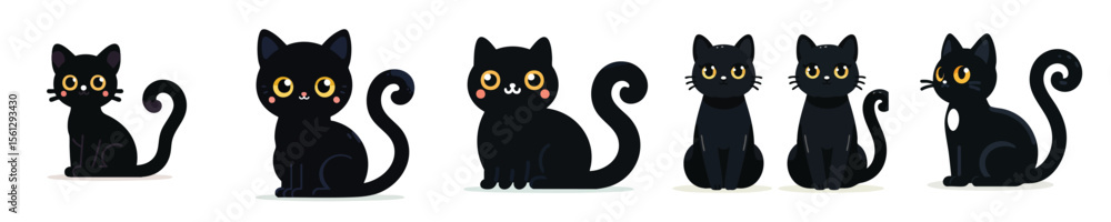 Fototapeta premium Cute Black Cats Vector Set – Flat Cartoon Kitten Characters Collection