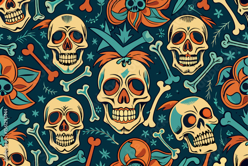 A repeating skull and bones pattern on vintage wallpaper vector illustration
