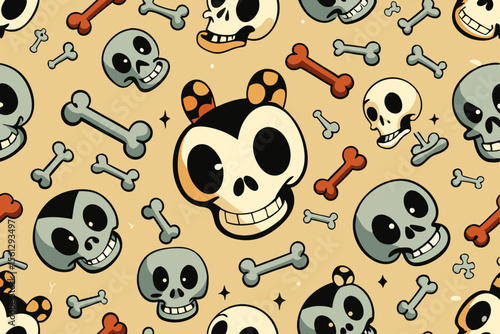 Retro seamless wallpaper design with skulls and bones vector illustration