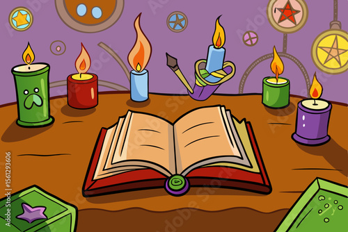 An open spell book and candle with glowing arcane symbols vector illustration