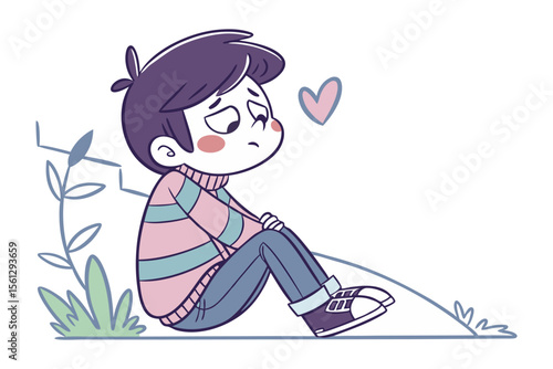 Heartbroken Contemplation: A melancholic illustration portrays a young individual lost in thought, accompanied by a subtle symbol of a loving heart, conveying tender emotions and empathy.