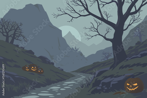Haunted mountain scape with glowing jack o' lantern features vector illustration